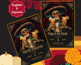 Editable Dia De Muertos Invitation – Mariachi Calavera, English & Spanish (Digital Template)
