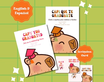 Capybara Graduation Invitation and Card: Bilingual Template in English and Spanish (Digital Download)