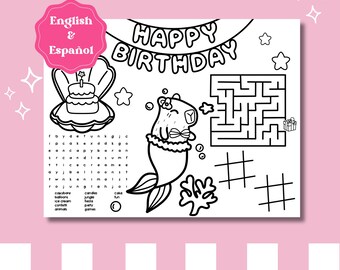 Mermaid Capybara Birthday Coloring Sheet: Bilingual Party Activity (Digital Download)