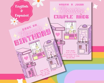 Retro Arcade Birthday Invitation: Pink Gaming Template in English and Spanish (Digital Download)