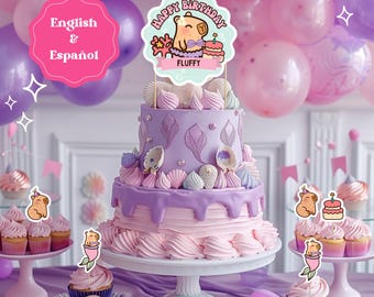 Capybara Mermaid Birthday Party Decorations: DIY Printable Template (English Español)