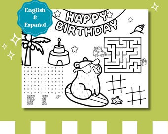 Beach Capybara Birthday Coloring Sheet – Printable Party Activity (English Español)