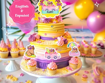 Capybara Birthday Party Decorations – Beach Theme, English/Español (Digital Template)
