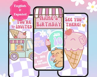 Cute Capybara Ice Cream Birthday Video Invitation - Editable Digital Template (English/Español)