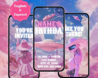Editable Space Cowgirl Birthday Invitation – Digital Video Template (English Español)