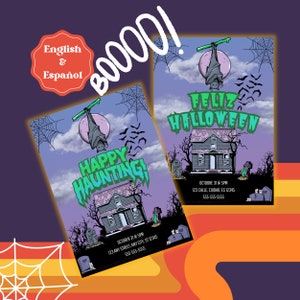 Haunted House Halloween-Einladung - Gruselige Fledermäuse, Englisch & Spanisch (Digitales Template)
