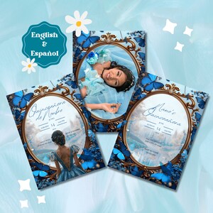 Blue Butterfly Princess Quinceañera Invitation: Photo Template in English and Spanish (Digital)