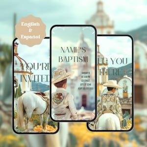 Convite Editável para Festa de Batismo Mexicano Charro - Modelo de Vídeo Digital - Invitación de Bautizo - English Español