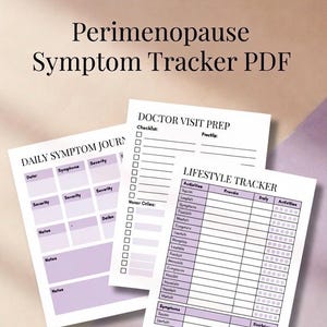 Könnte beinhalten: Ein Perimenopause-Symptom-Tracker-PDF mit drei weißen Seiten, schwarzem Text und hellvioletten Akzenten. Die Seiten enthalten Abschnitte mit den Titeln Daily Symptom Journal, Doctor Visit Prep mit Checkliste und einen Lifestyle Tracker.