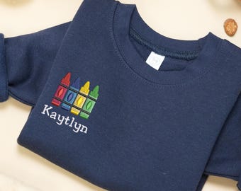 Embroidered Crayon Lapel with Custom Baby Name Toddler Sweatshirt - Back to School - Kindergarten School Shirt for Baby - First Day Shirt