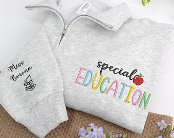 Moletom com zíper até o peito bordado para professor(a) de educação especial: presente personalizado para auxiliar de professor(a).