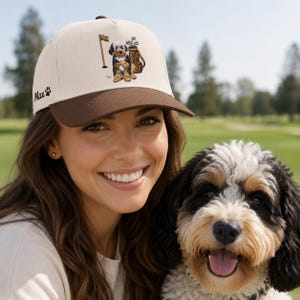 A joyful woman wearing a stylish navy blue "GOLF DOG" golf hat. This comfortable and breathable cap is an excellent dog golf lover gift, designed for active women who enjoy time on the golf course with their pets. Its fun design and perfect fit make it an ideal accessory for sunny days. Gift this unique golf hat to your favorite golfer to help them showcase their love for dogs while hitting the perfect swing.