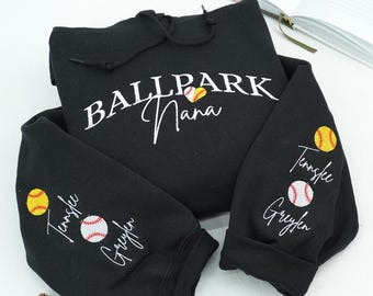 Ballpark Nana Hoodie  - Custom Embroidered Sports Grandma Hoodie with Grandkids Name - College Game Day Gift