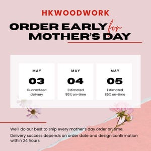 May include: Pink and white graphic with the text "HKWOODWORK ORDER EARLY for MOTHER'S DAY." It shows delivery dates of May 3, 4, and 5 with varying on-time estimates. The bottom text says, "We'll do our best to ship every mother's day order on time."