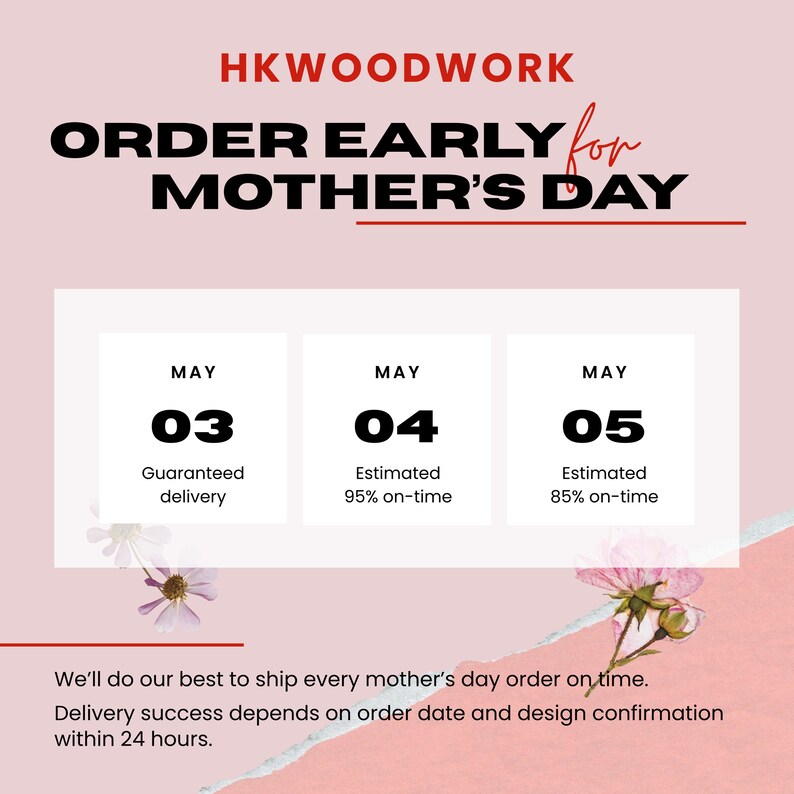 May include: Pink and white graphic with the text "HKWOODWORK ORDER EARLY for MOTHER'S DAY." It shows delivery dates of May 3, 4, and 5 with varying on-time estimates. The bottom text says, "We'll do our best to ship every mother's day order on time."