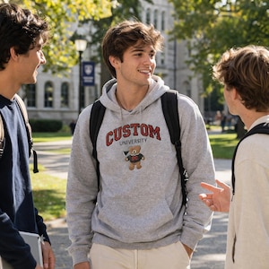 A group of male students talking on a sunny university campus. The center student wears a Gildan Sport Grey hoodie with custom varsity-style embroidery and a teddy bear mascot. This collegiate spirit wear is a high-search-volume item for campus bookstores and student organizations seeking durable, professional custom embroidered mascot hoodies.