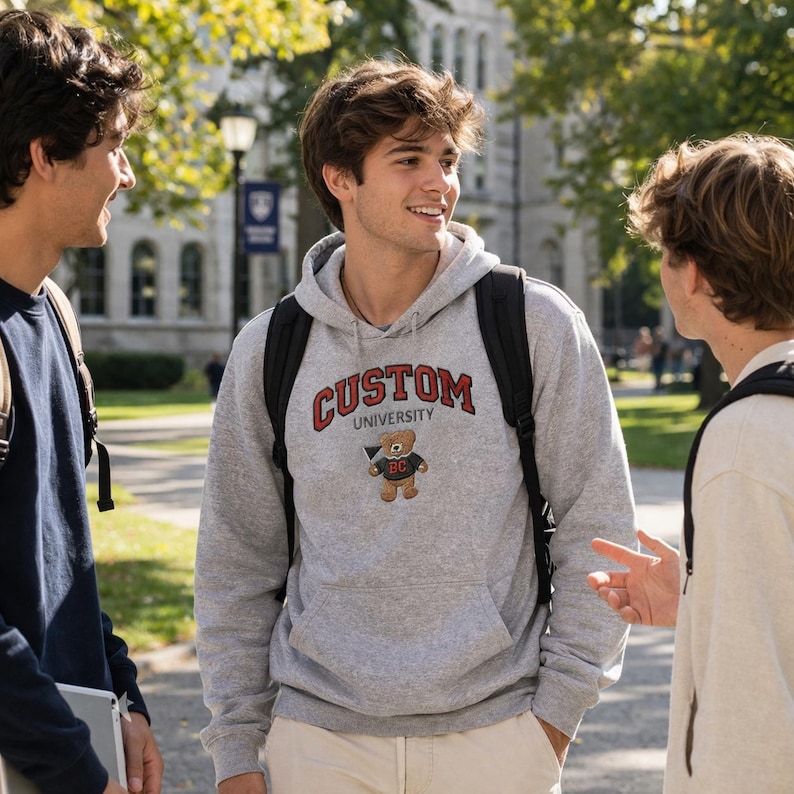 A group of male students talking on a sunny university campus. The center student wears a Gildan Sport Grey hoodie with custom varsity-style embroidery and a teddy bear mascot. This collegiate spirit wear is a high-search-volume item for campus bookstores and student organizations seeking durable, professional custom embroidered mascot hoodies.