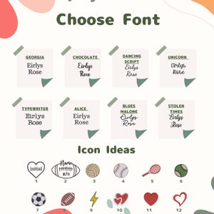 May include: A graphic with the text "Choose Font" and examples of different font styles, including Georgia, Chocolate, Dancing Script, and Unicorn. Below are icon ideas, including a football, baseball, and hearts.