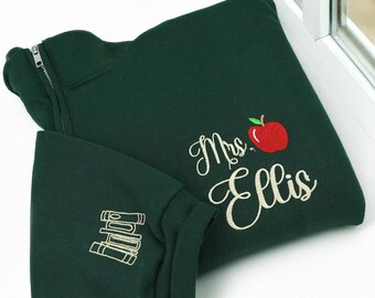 Suéter con cremallera de un cuarto y nombre de profesor bordado personalizado - Regalo personalizado de agradecimiento para profesores - Regalo de graduación para profesoras