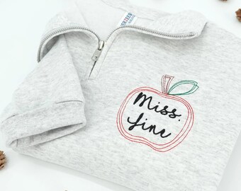 Sudadera con cremallera de un cuarto bordada para profesor: nombre personalizado para profesor, regalo para la vuelta al cole