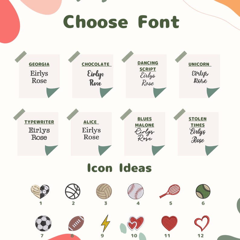 Puede incluir: Gr&aacute;fico con el texto "Elige la fuente" y ejemplos de diferentes fuentes, incluyendo Georgia y Chocolate. Debajo, ideas de iconos, incluyendo balones deportivos, corazones y un rayo.
