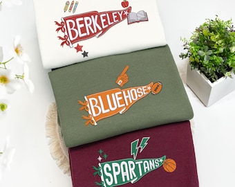 Custom Embroidered Team Name Pennant Sweatshirt - Personalized College Pennant Hoodie - School Spirit Crewneck - University Graduation Gifts