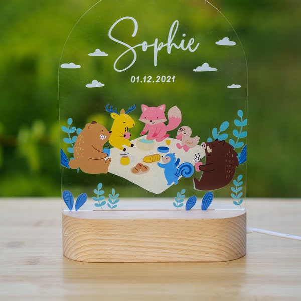 Custom baby night light, bedside lamp, Woodland Collection, night light children with custom name and date, baby gift, miracle wish J6