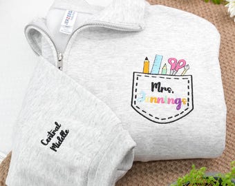 Sudadera con cremallera de un cuarto para profesor, bordada a medida con nombre, cuello redondo para la vuelta al cole, regalo de agradecimiento para el profesor.