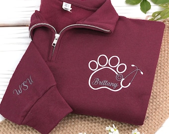 Personalized Embroidered Paw Stethoscope Sweatshirt Quarter Zip-Vet Tech Sweatshirt-Vet Receptionist Monogrammed-Veterinary Technician Gifts