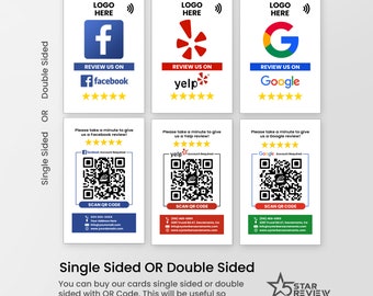 Custom Tap or Scan Review Cards for Google, Facebook, Yelp. (Complete Set. 5 Cards, 5 Holders, 5 Retractable Clips)
