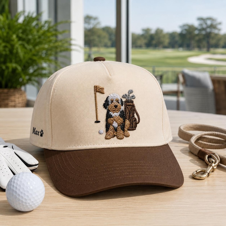 A high-quality navy blue golf hat featuring a unique, detailed embroidery of a cool dog wearing sunglasses and golf gear. This trendy cap is the ultimate dog golf lover gift for any golfer who adores their canine companion. With a perfect blend of humor and style, this embroidered golf cap is a standout accessory for the course, making it a thoughtful and fun gift for dog dads and golf enthusiasts alike.