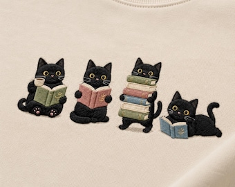 Black Cats Reading Embroidered Sweatshirt - Matching Book Lover Sweater - Librarian Gift For Her - Cat Lover Halloween Gift