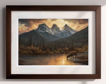 Sisters of Solace | PRINT | Wildlife Wall Art, Three Sisters Print, Rural Oil Painting, Mountain Art, Rustic Nature Home Decor, Elk Art