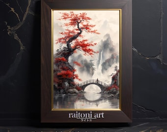 Könnte beinhalten: Ein digitales Gemälde eines Baumes mit roten Blättern in einer nebeligen Berglandschaft. Eine Brücke führt über einen Fluss im Vordergrund, auf der eine kleine Figur steht. Der Text "raitoni art" befindet sich in der unteren rechten Ecke des Bildes.