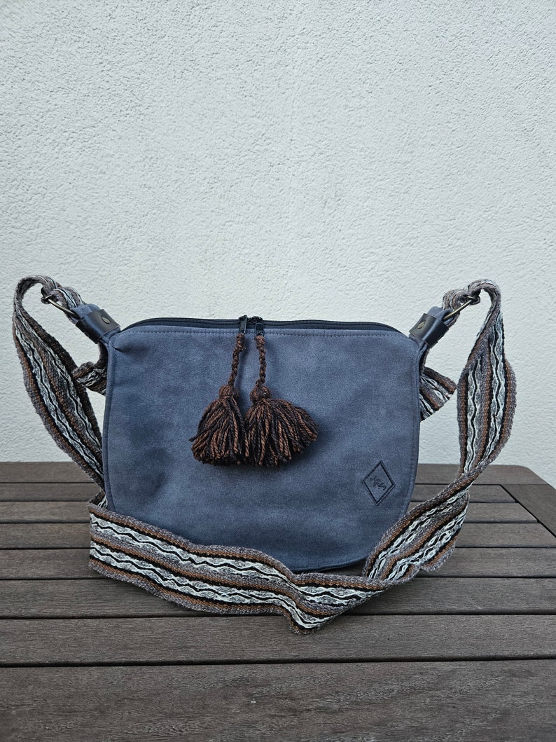 Sac à main bandoulière en cuir péruvien artisanal pour femme Gris