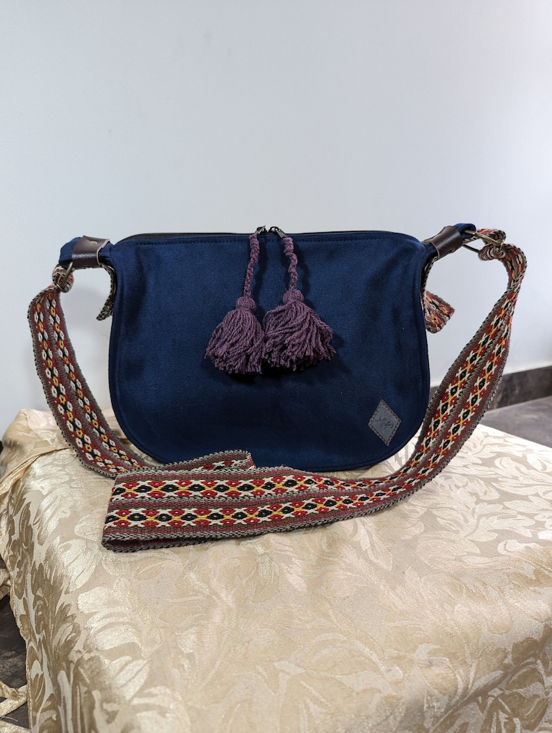 Sac à main bandoulière en cuir péruvien artisanal pour femme Bleu