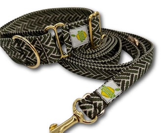 Martingale/stop/tactical collar with matching leash or dog harness in a unique style.