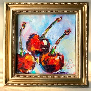 Cherry Original Oil Painting Small Canvas Kitchen Art, Still Life