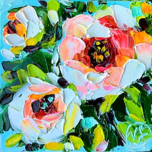 Original Roses Impasto Oil Painting: Miniature Floral Art on Canvas