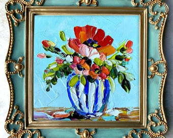 Original Floral Oil Impasto Painting, Colorful Poppy Flowers in Blue Vase, Textured Still Life Wall Art, Framed Miniature Painting