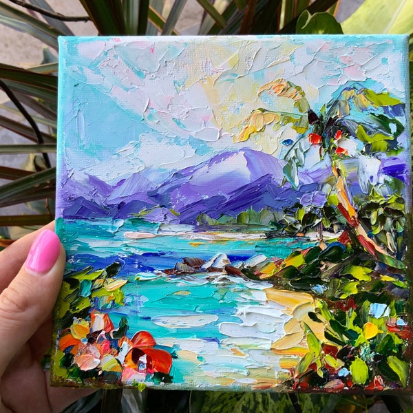 Hawaii Painting Kauai Original Oil Impasto Artwork Tropical Seascape Palm Tree Art Vacation Home Beach House Small Wall Art by BrushSerenity