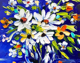 White and Blue Flowers Painting Original Impasto Floral Wall Art, Small Painting on Canvas