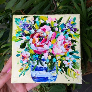 Peony Bouquet Floral Painting Original 6x6 Art Boho Cottage Floral Artwork Oil Impasto Flower Impressionist Painting 6x6 by BrushSerenity