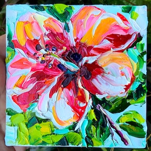 Hibiscus Painting Tropical Flower Impasto Florals Original Oil Art Caribbean Decor Small Canvas Colorful Vibrant Wall Artwork Hawaii