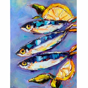 Sardine & Lemon Oil Painting: Impasto Kitchen Wall Art
