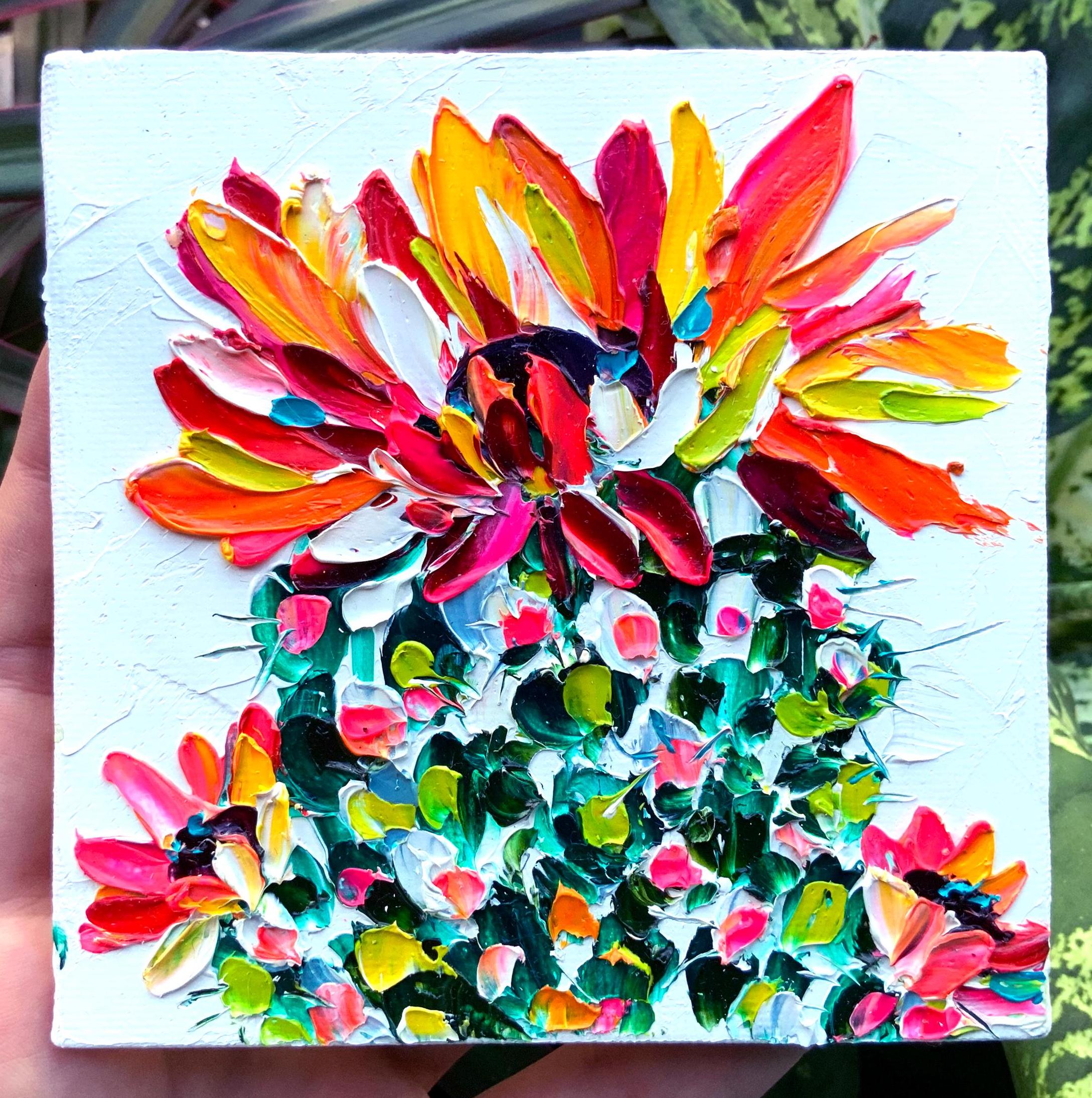 Peinture à l'huile empâtement poire cactus : mini oeuvre d'art du désert, toile 10 x 10 cm