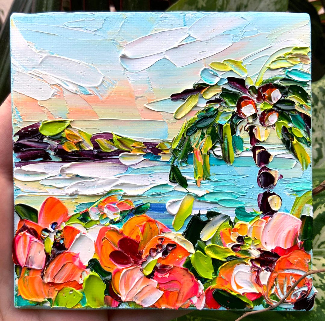 Hawaii Tropical Painting Original Seascape Oil Impasto Art Palm Tree ...