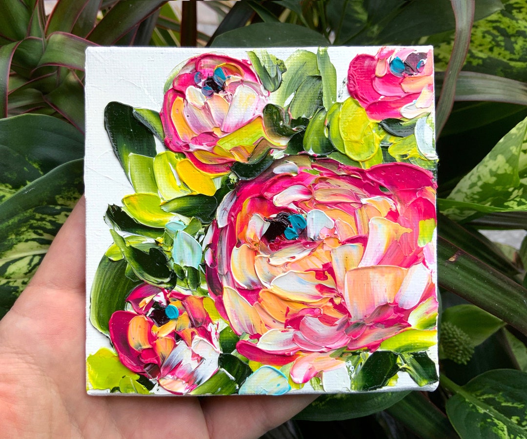 Peony Painting Flowers Original Art Tiny Painting Oil Impasto Floral ...