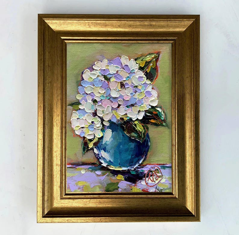 Hydrangea Oil Painting in Gold Frame, Original Impasto Floral Art ...