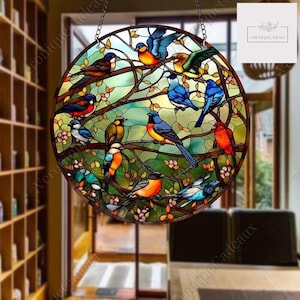 Hummingbirds and Wild Flowers Stained Glass Suncatcher, Indoor Decor, Window Hanging, Wall Art, Acrylic Window Decor